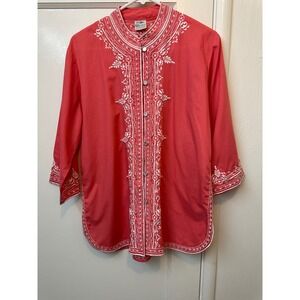 Vintage Caro of Honolulu Coral Pink Embroidered Tunic Blouse‎ Womens 12 Cotton
